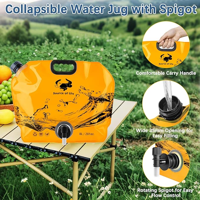 Camping Water Jug 2.1 Gallon CollapsibleWater Container Portable Water Bag for TravelOutdoor Hiking BPA Free Lightweight (Orange (2.1 Gal), 4)