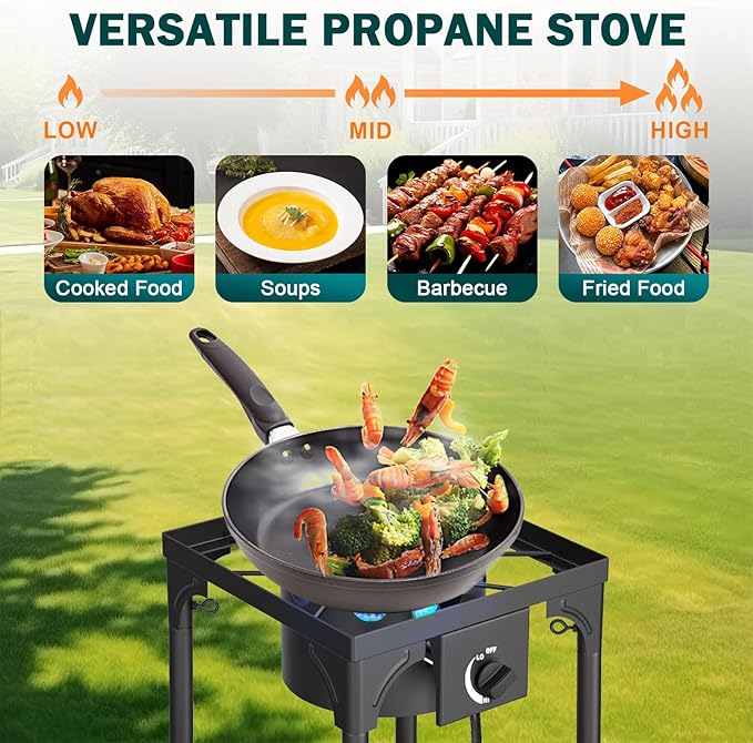 Single Burner Propane Stove, 75,000 BTU/hr, High Pressure Outdoor Propane Burner with 0-20 PSI Regulator and 4ft Hose, Gas Stove for Patio Backyard Camping with Detachable Stand Legs