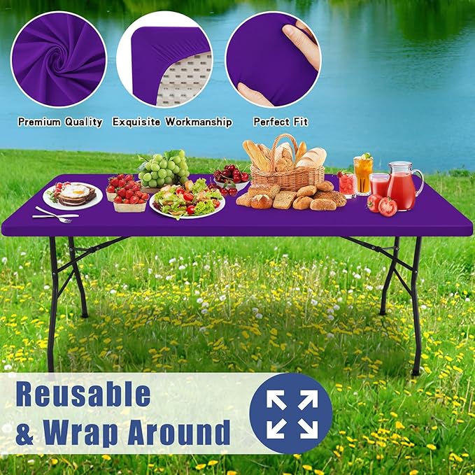 Spandex Picnic Table Cloth 2 Pack, Elastic Fitted Tablecloths for 8 Foot Rectangle Tables, Stretch Washable Patio Table Cover for Outdoor, Camping, Banquet and Parties (Purple, 30"x96")