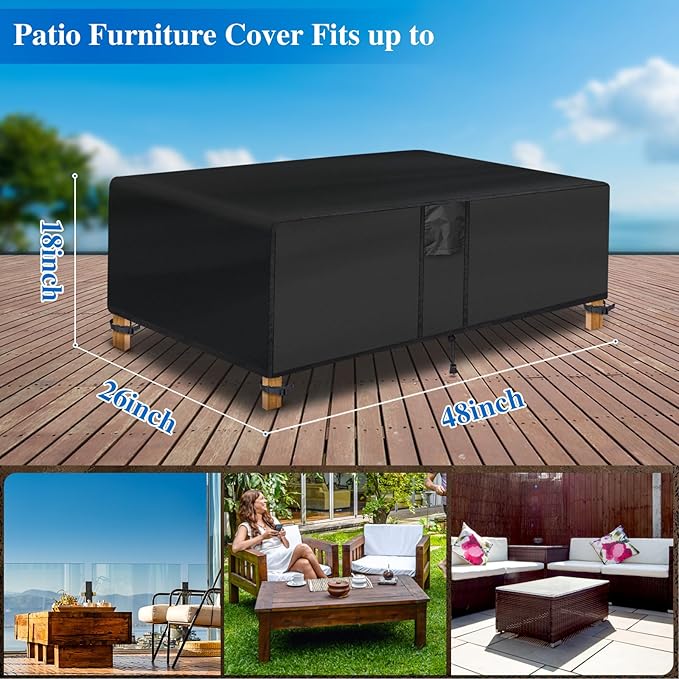 Outdoor Coffee Table Cover - Waterproof Rectangular Patio Coffee Table Cover (48L x 26W x 18H inches, Black) Outdoor Small Side Table Cover Patio Furniture Covers for Outdoor Furniture