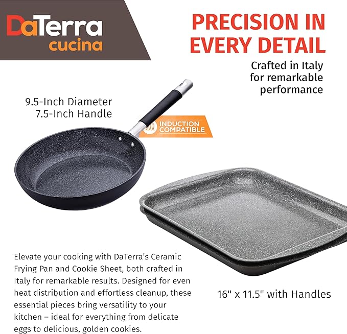 DaTerra Cucina 9.5" Non-stick Ceramic Fry Pan & Twin Baking Sheets Set – Oven Proof, Ideal for Frying, Sautéing, Roasting, and Baking, Made in Italy, Volcanic Black Speckled Design Kitchenware