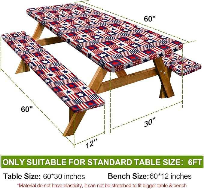 Picnic Table Cover with Bench Covers Camping Essentials Waterproof Windproof Camping Tablecloth with Drawstring Bag, Fitted Rectangle Tables and Seats, 60in, Red Blue Checkered