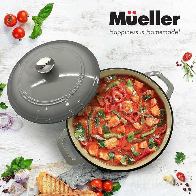 MÜELLERHOME 7.5 QT Enameled Cast Iron Dutch Oven, Heavy-Duty, Oven-Safe up to 500° F & Across All Cooktops, Casserole Dish and Braiser Pan with Lid and Stainless Knob, Grey