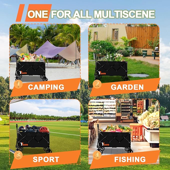 Collapsible Wagon Cart with Wheels Foldable, Folding Wagon Cart with All Terrain Wheels, Large Grocery Carts On Wheels, Heavy Duty Utility Wagons for Shopping Beach Sports Fishing Camping, 150L, Black