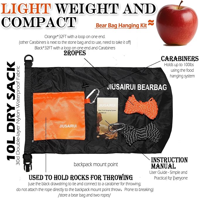 7.8Oz Ultralight Bear Bag Hanging Kit: 30D Waterproof Bear Proof Food Storage for Backpacking and Camping Alternative to Bear Canister (10L)