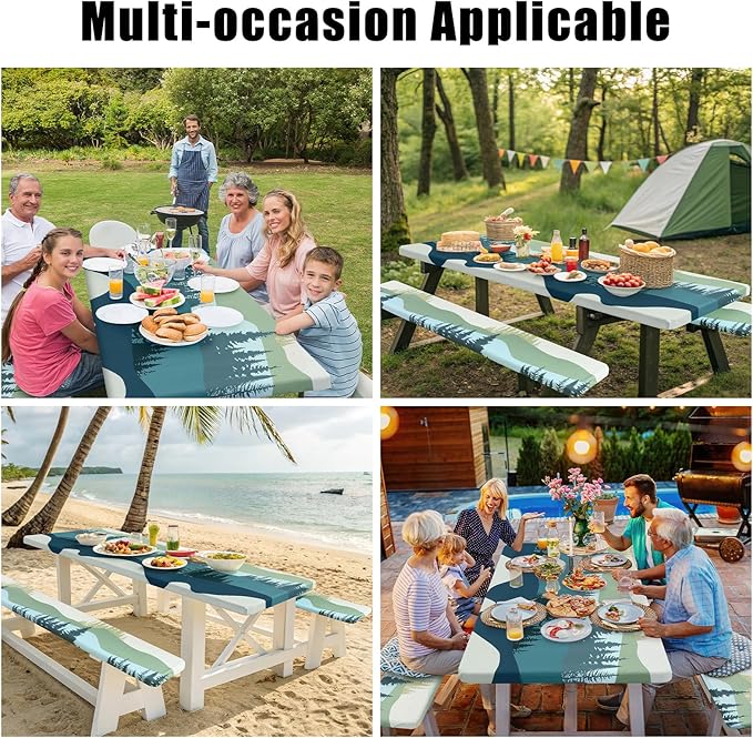 Smiry Picnic Table Cover with Bench Covers, Waterproof Elastic Fitted Tablecloth for 8 Foot Tables, Washable Polyester Tablecloths for Camping, Indoor & Outdoor (Green Blue, 30x96 Inch 3-pc Set)