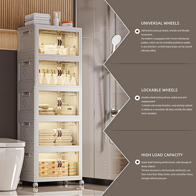 332 QT / 83 Gal White Storage Bins with 1 Lid - Collapsible Stackable Cabinet Organizer w/Wheels & Magnetic Doors, Plastic Storage Box for Office Closet Organization