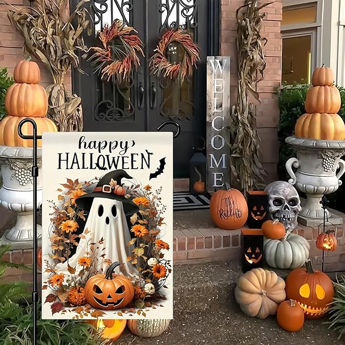 Happy Halloween Garden Flag 12X18 Inch Double Side, Ghost Yard flag,Pumpkin Jack O Lantern Outside Small Garden Flag,Outdoor Flag for Holiday Patio Courtyard Lawn Decoration