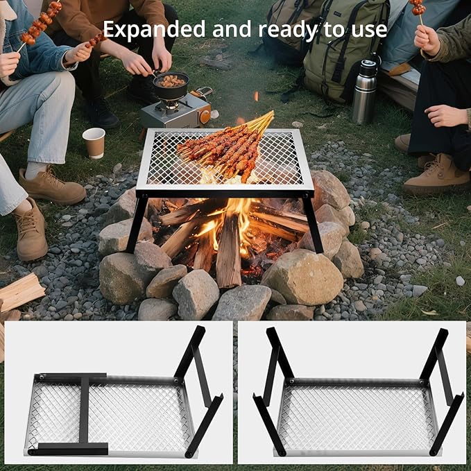 Folding Campfire Grill, 16" x 12" Heavy Duty Steel Mesh Grate Chrome Finish with Folding Legs, Portable Campfire Cooking Equipment, for Camping Outdoor BBQ Cooking Open Fire, Silver