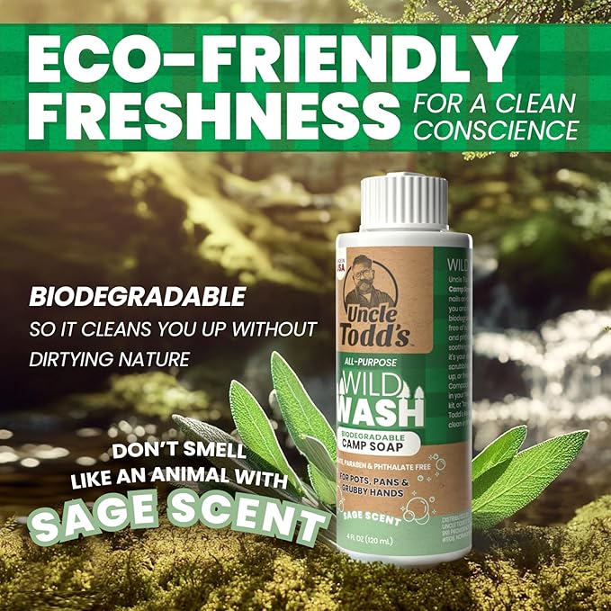 Uncle Todd's Wild Wash Biodegradable Soap, Camping Soap Ideal for Dishes, Body, Hands, and Clothes - 4oz, Sage Scent