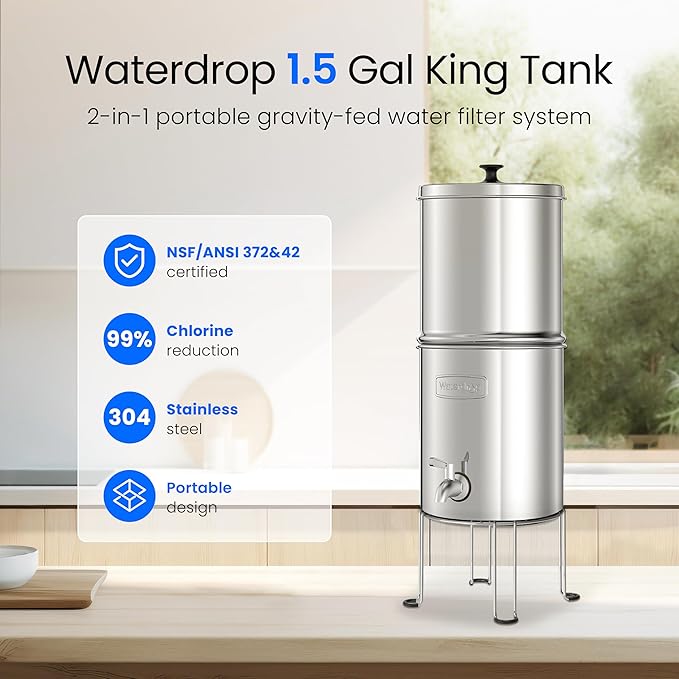 Waterdrop Gravity-fed Water Filtration System, NSF/ANSI 42&372 Certified Black Carbon Filters, Reduce Lead and Up to 99% Chlorine, with Stainless Steel Stand, 1.5 Gallons