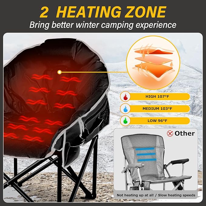 Oversized Heated Camping Chair, 3 Heat Levels Portable Heated Folding Chairs, Camping Heated Chair for Adults Supports 440 lbs, Heavy Lawn Chair for Camping/Patio/Outdoor Sport