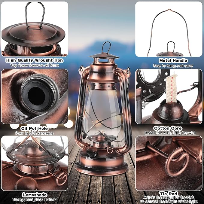 4 Pieces Oil Lamp 12 Inch Hurricane Lantern Kerosene Lamp Oil Lantern Fuel Camping Lanterns Burning Lantern Metal Hanging Lantern with Wick for Indoor Party Decorations Home Camping Hiking (Bronze)