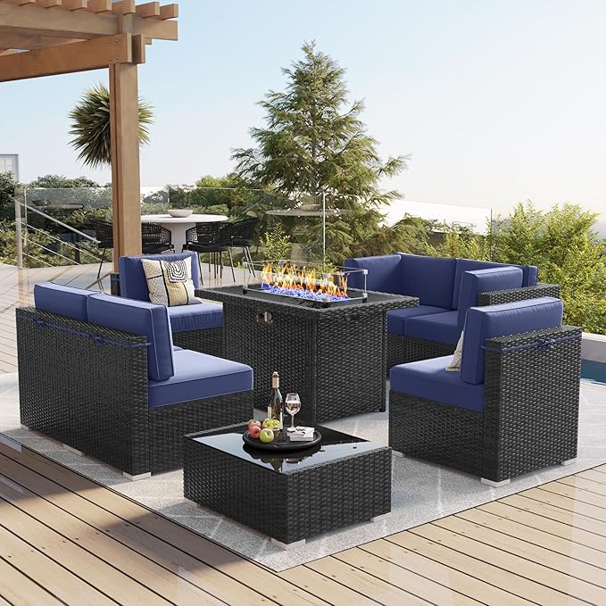 LayinSun 8 Piece Patio Furniture Set with 44" Propane Gas Fire Pit Table, Outdoor Sectional Conversation Set Wicker Rattan Sofa Set with Coffee Table