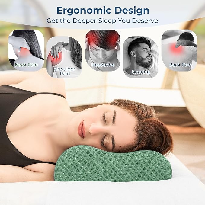 Travel Pillow Memory Foam Pillows, Ergonomic Wave Cervical Neck Pillow for Neck Pain Relief, Compressible Medium Firm Side Sleeper Pillow, Ideal for Camping, Office, Home & Bed (Green, M)