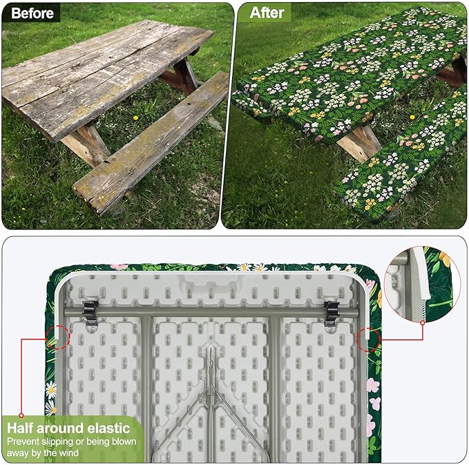 Picnic Table Cover with Bench Covers Camping Essentials Waterproof Windproof Camping Tablecloth with Drawstring Bag, Fitted Rectangle Tables and Seats, 72in, Green Pink