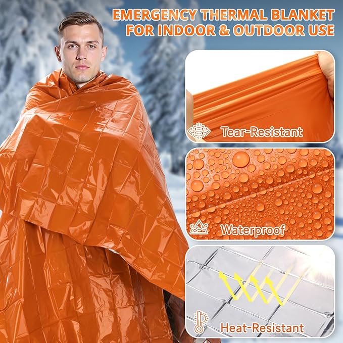 SecuCaptain Survival Emergency Thermal Blankets: Thicken 28um Space Mylar Blanket Kit for Outdoor Cold Winter Camping, Hiking, Car Bug Out Bag, or First Aid - Orange 4 Pack