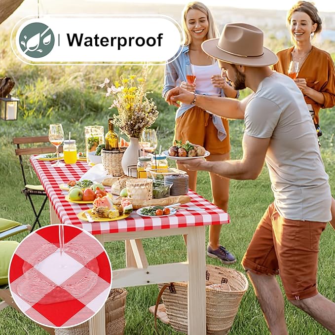 misaya Buffalo Rectangle Picnic Tablecloth, 6 Foot Elastic Fitted Vinyl Table Cloth with Flannel Backing, Waterproof Plaid Table Covers for Dining, Camping, Outdoor (Red and White, 30" x 72")