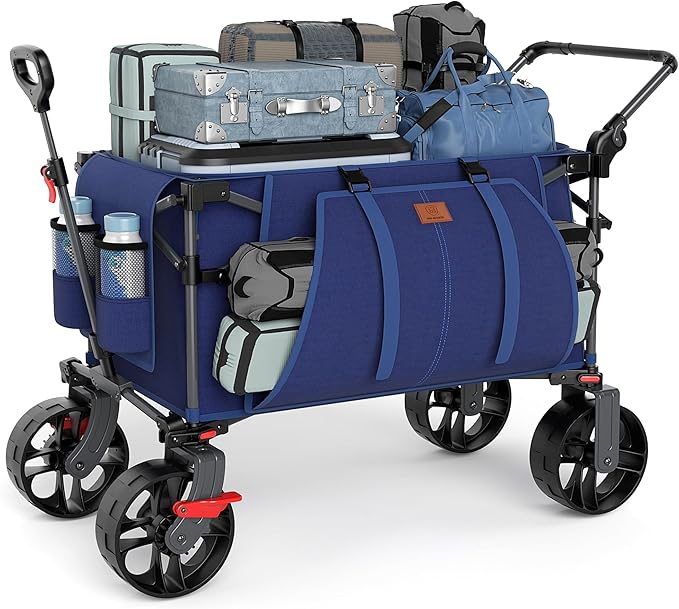 EVER ADVANCED Folding Push Wagon with Brakes, Portable Shopping Cart, Collapsible Wagon Cart with All-Terrain Big Wheels for Camping, Beach, Sports