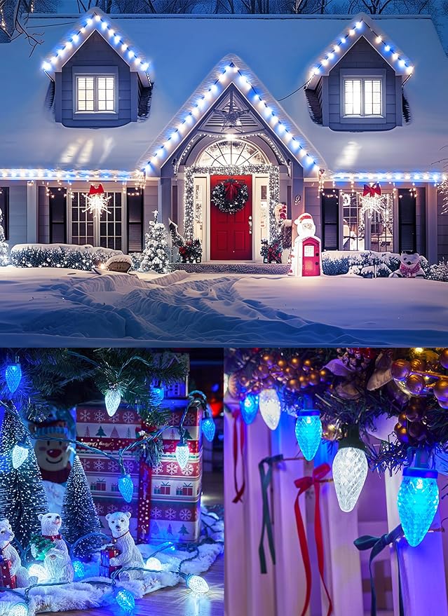 C9 LED Christmas Lights Outdoor, 81 Feet 100 LED String Lights with Timer & 8 Light Mode, Waterproof Connectable Christmas Tree Lights for Outside Indoor Roofline Patio, Blue & Pure White 2 Pack