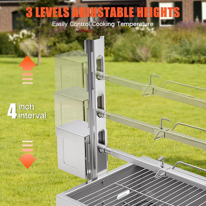 Jocisland Electric BBQ Rotisserie Grill Kit, 42" 132 Lbs Capacity, 45W Motor, Height-Adjustable Stainless Steel Pig Lamb Charcoal Rotisserie Roaster with Lockable Wheels for Camping Outdoor