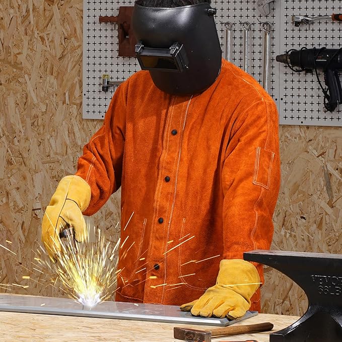 VEVOR Leather Welding Jacket, Heavy Duty Cowhide Flame Resistant Welding Coat, Waterproof Heat-Resistant Safety Jacket with 4 Pockets & Adjustable Cuffs for Welders Steelworks - XL Size