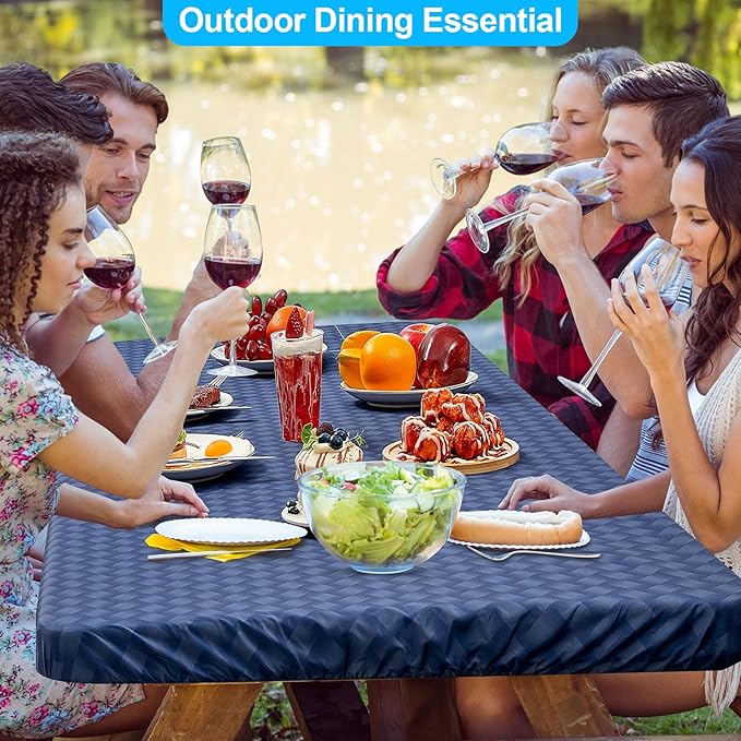 Picnic Table Cover with Bench Covers Portable Table Cloth Built-in Storage Pocket Picnic Table Covers with Elastic Waterproof Camping Essentials for RV Camping