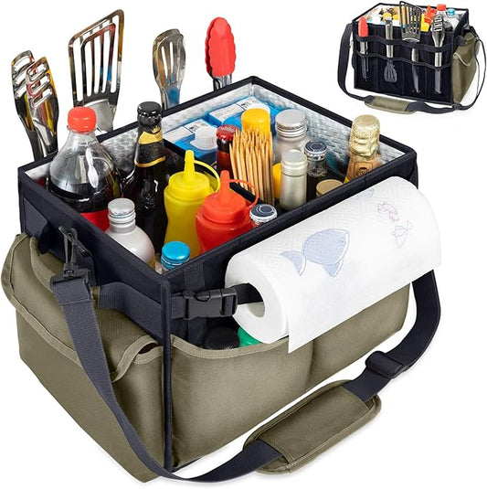 Large Grill Caddy with Paper Towel Holder – Collapsible BBQ Organizer for Camping, Tailgating, RV, Boating – Grilling Gifts for Men – Griddle Tote Bag with Shoulder Strap – Outdoor Essentials