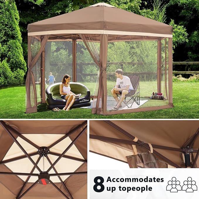 COOSHADE Pop up Canopy, 10X12 Pop up Tent with Mesh Walls, 6 Sides Gazebo, Patented 1 Step Lock Tech, Screened House for Outdoor/Camping/Lawn/Trip/Gathering, Khaki and Brown