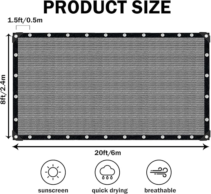 Sun Shade Cloth with Grommets,90% UV Protection Shade Fabric,Pergola Shade Cover Canopy Fence Privacy Screen Balcony,Sunshades for Patio Pergola Garden Backyard Porch Outdoor,Grey-8x20FT