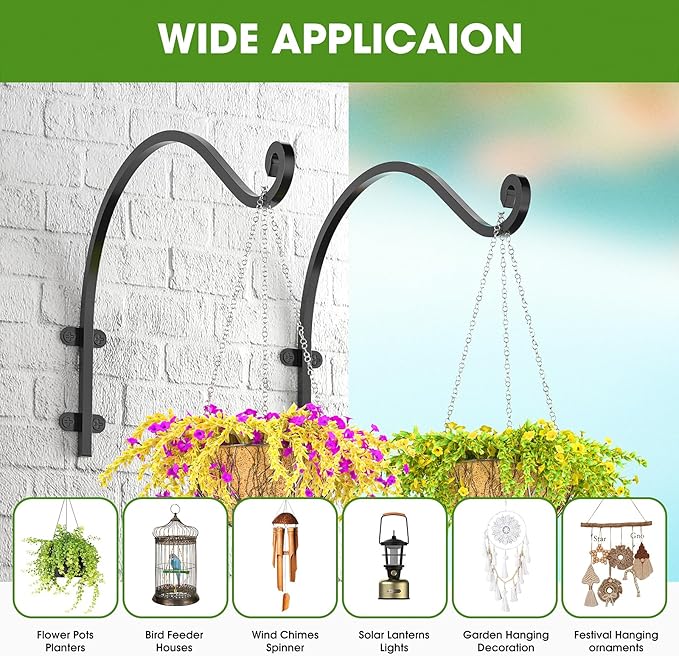 2Pack Heavy Duty Plant Hanger Hook for Outdoor and Indoor, 16Inch Wall Hanging Basket Bracket, Black Metal Outdoor Hanging Bracket for Hanging Flower Pot Bird Feeder Lanterns