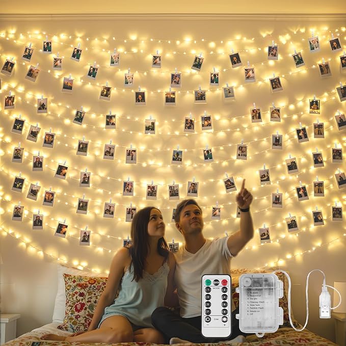 suddus 33ft 100 LED Fairy Lights with Clips for Pictures, Photo Lights with Remote USB Powered & Battery Operated with 45 Clear Clips, String Lights for Party, Bedroom, Decoration, Warm White