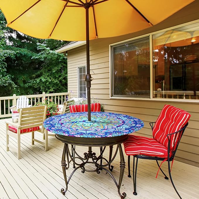 2 Pcs Round Outdoor Tablecloth with Umbrella Hole - Anti-Wrinkle Polyester Tablecloth with Elastic Zipper Table Cover for Summer Patio Camping Party(36''-44'',Mandala)