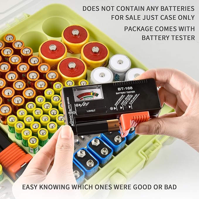 Battery Organizer Storage Holder Box Case with Tester- 269 Batteries Double-Sided Variety Pack, Holds AA AAA 4A C D Cell 9V 3V Lithium LR44 CR2 CR123 CR1632 18650 Button- Green (Box Only)