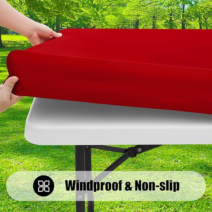 Smiry 2 Pack Rectangle Picnic Table Cloth, Waterproof Elastic Fitted Tablecloths, Washable Polyester Rectangular Patio Table Cover for Camping, Indoor and Outdoor (Red, 30"x96")