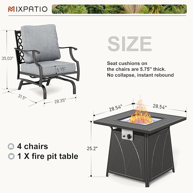 Patio Furniture Set with Fire Pit Table, 5 Pcs Metal Outdoor Conversation Set, 4 Rocking Chairs with 5.75" Extra Thick Cushion and 28" Fire Pit Table for Backyard Deck, Grey