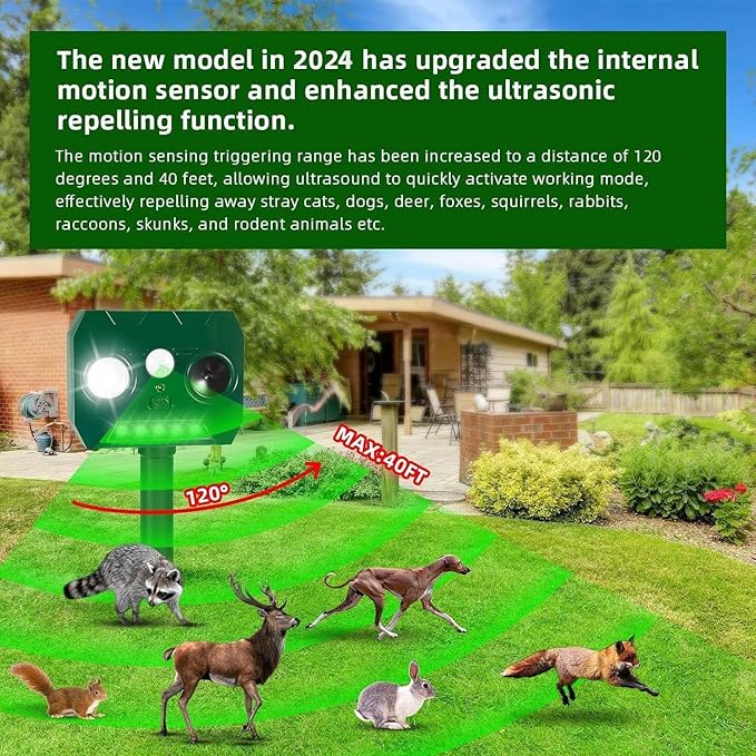 Ultrasonic Deer Repellent Devices Squirrel Raccoon Rabbit Cat Repellent Outdoor, Waterproof Solar Animal Repellent Sonic Fortress Pro with Motion Sensor Deterrent Light for Dog Skunk Rodent Possum (4)