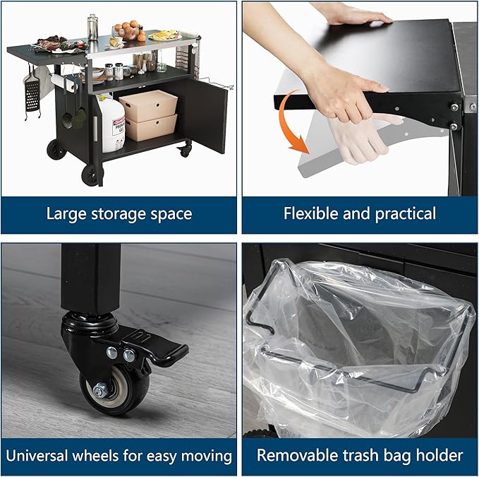 JY QAQA Outdoor Grill Cart with Storage,Patio Kitchen Island Outdoor Grill Table with Wheels,BBQ Cart Movable Pizza Oven Table Stand, Storage Cabinet, Foldable Tabletop, (Black)