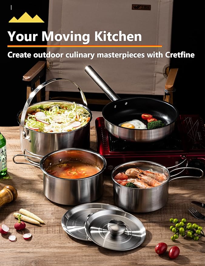 CampPro Camp Cooking Set for 4-8, Stainless Steel Camping Cookware Set, Camping Equipment with Carring Bag, Camping Pots and Pans Set for Campfire Cooking & RV & Backyard Picnic