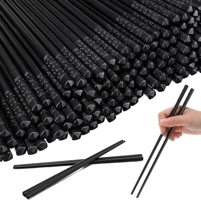 Dandat 100 Pairs Fiberglass Reusable Chopsticks 9.5" Dishwasher Safe Black Cherry Chopsticks for Chinese Style Japanese Food Cooking Supplies