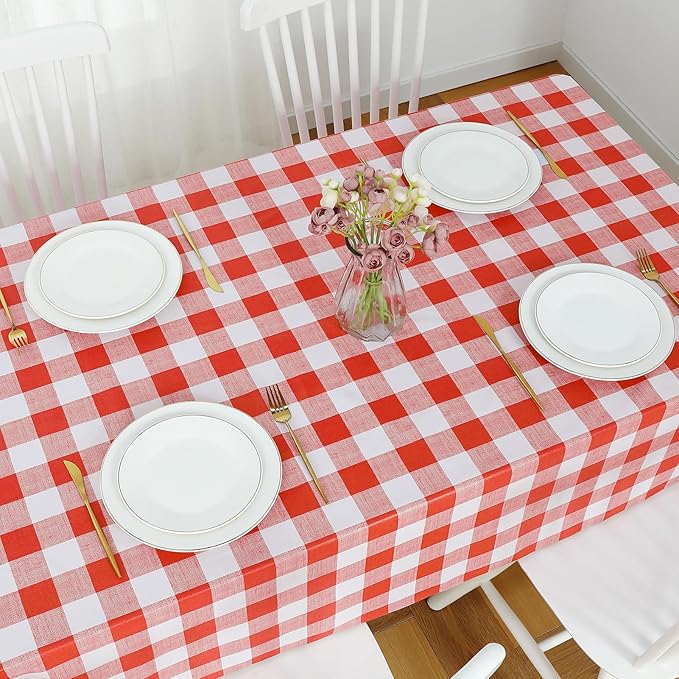 Romanstile Square Plastic Tablecloth, 100% Waterproof Oil-Proof Checkered PVC Table Cloth, Heavy Duty Vinyl Table Cover for Dining, Camping, Picnic, Outdoor - 54 x 54 Inch, Red and White