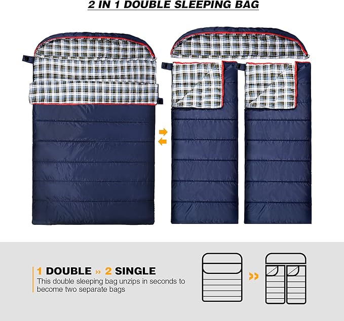 REDCAMP Cotton Double Sleeping Bag for Adults, 2 Person Cold Weather Queen Size Flannel Sleeping Bags for Camping, Black/Navy Blue