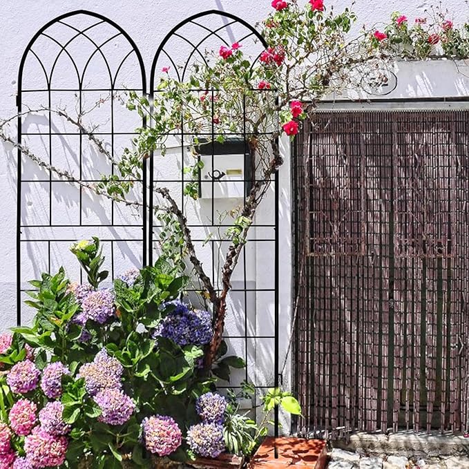 LZRS 4 Pack 71x20in Rustic Iron Arch Decoration Garden Trellis with Black Metal Coating – Perfect for Supporting Climbing Plants Outdoor, Roses, Vines, Flowers, and Vegetables.