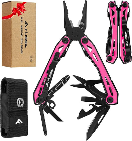 FLISSA 16-in-1 Pink Multi Tool Pliers, Gift for Father, Stainless Steel EDC Multitool with Pocket Knife, Belt Clip and Oxford Pouch, for Camping Survival Outdoor Activities
