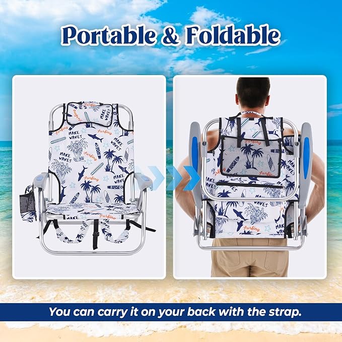 2 Pack Lightweight Portable Camping Beach Chair for Adults, Outdoor Lay Flat Folding Chairs, Backpack Chair with Towel Bar, Cooler Pouch, Cup Holder, White Geometry