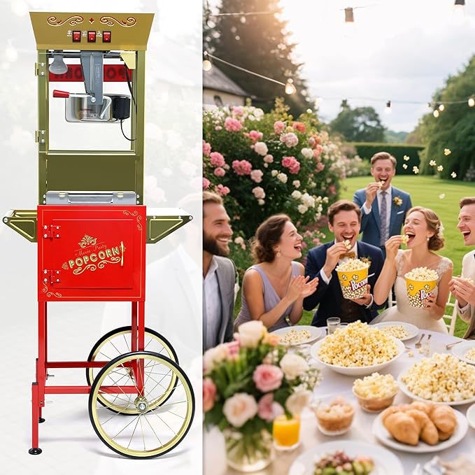 Popcorn Maker Machine - Professional Cart With 12 Oz Kettle Makes Up to 80 Cups, Stainless Steel Vintage Commercial Popcorn Machine Movie Theater Style (Red)