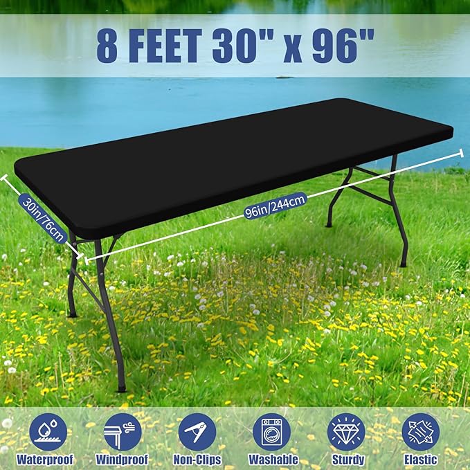 Spandex Picnic Table Cloth 2 Pack, Elastic Fitted Tablecloths for 8 Foot Rectangle Tables, Stretch Washable Patio Table Cover for Outdoor, Camping, Banquet and Parties (Black, 30"x96")