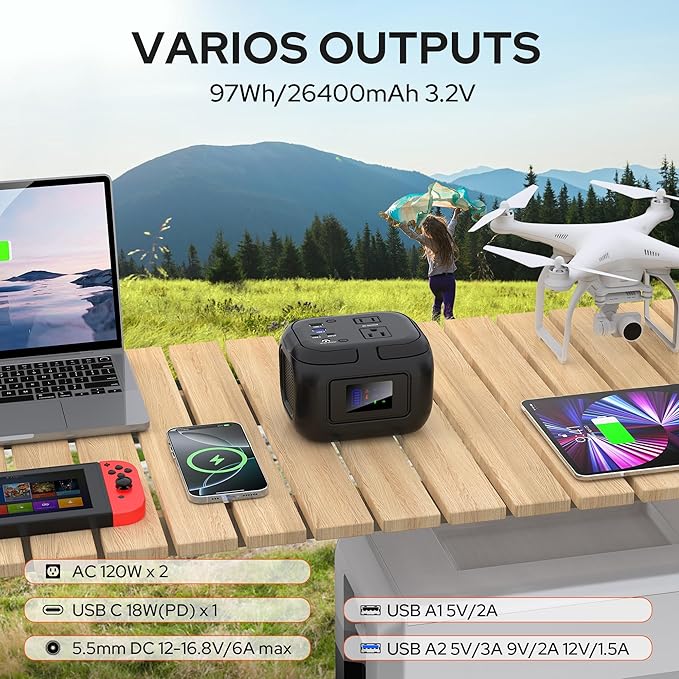 SinKeu 120W Peak Portable Power Station 97Wh Camping Lithium Battery Portable Generator with 110V AC Outlet, USB-C/USB QC3.0, DC Output, Fast Charging Power Bank for Home Backup Outdoor Emergency