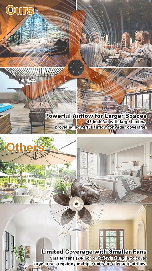 3 Blades Wood Outdoor Ceiling Fan for Patios, Farmhouse Rustic Ceiling Fans, 34" Plug-in Wet Rated Outdoor Gazebo Fan for Exterior House Porch Patio, Waterproof,F246