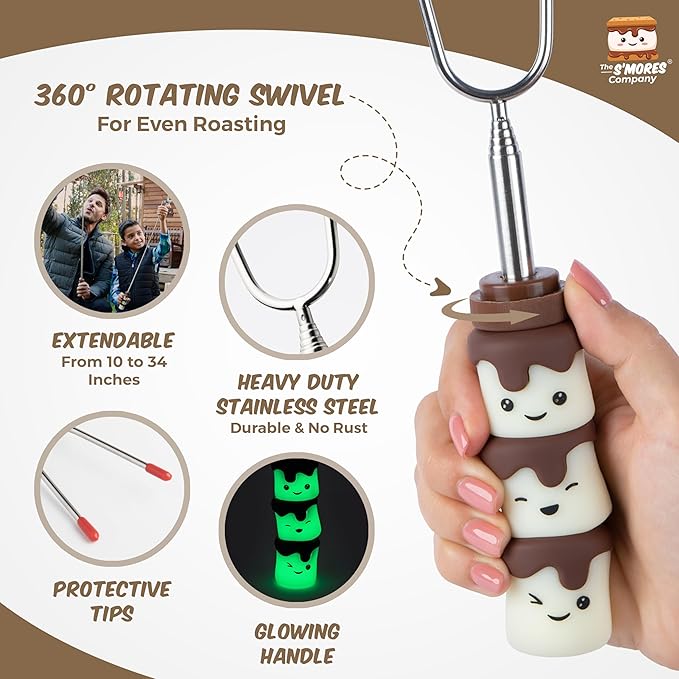 THE S'MORES COMPANY - Glow in the Dark Marshmallow Roasting Sticks - Set of 4 Rotating Smores Sticks - Telescoping Extra Long Marshmallow Sticks for Fire Pit, Campfire & Bonfire - Camping Accessories